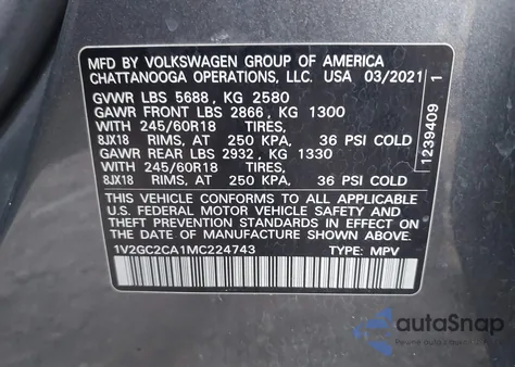 2021 Volkswagen Atlas Cross Sport 2.0T S z USA, uszkodzony, nr VIN 1V2GC2CA1MC224743